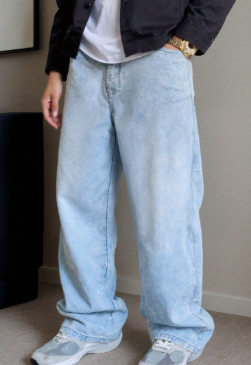 Loose Fit Men's Cotton Jeans With Slant Pockets Baggy Long Washed Skater Jean